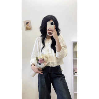 Áo babydoll kiểu ren hoa cài cúc dài tay dáng ngắn tay phồng Ulzzang