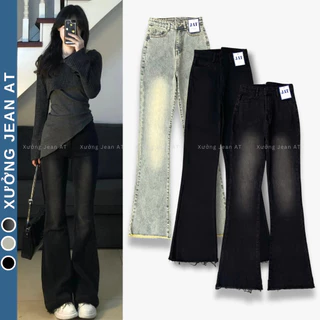 Quần Bò Jean Nữ Ống Loe Lưng Cao Màu Đen Wash Bụi Rách Gấu, Quần Bò Loe Co Giãn 4 Chiều Phong Cách RETRO Hàn Quốc 583