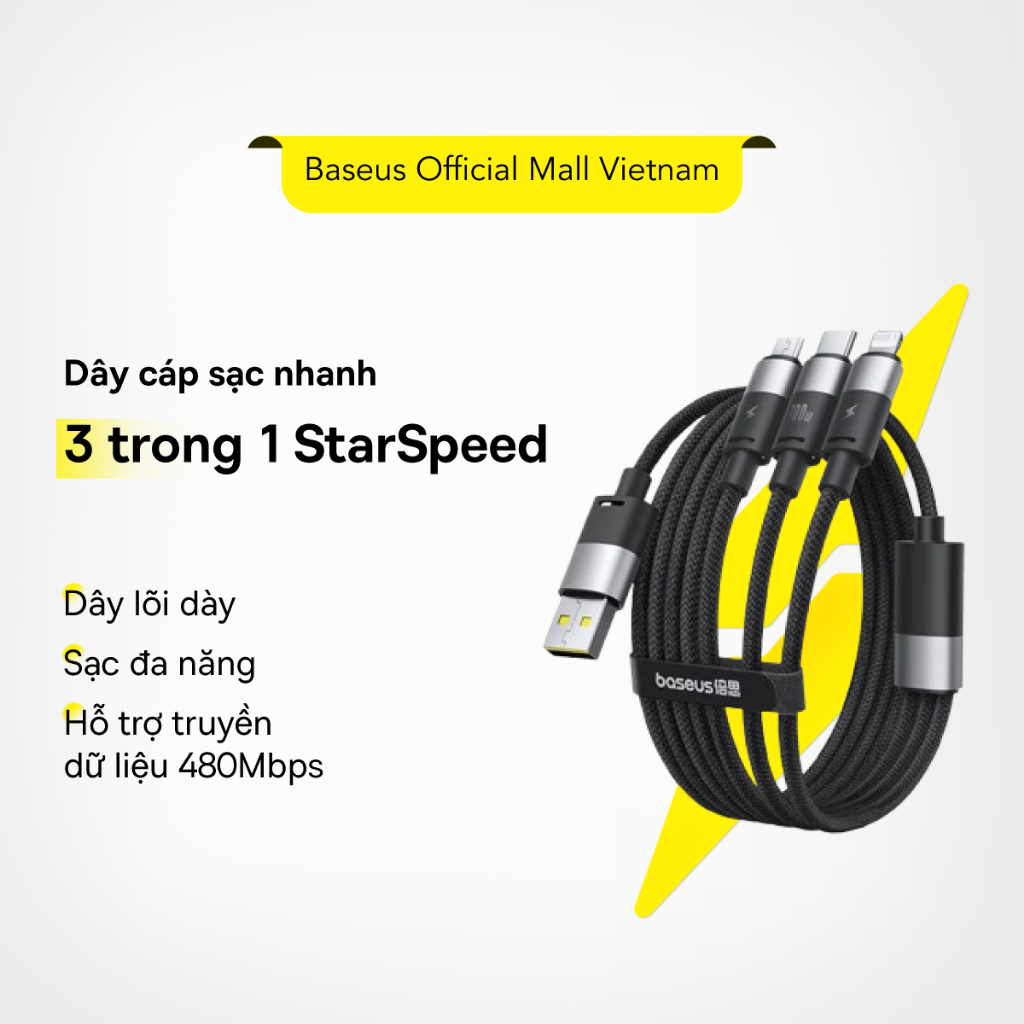 Cáp sạc nhanh và truyền dữ liệu 3 trong 1 18W Baseus StarSpeed USB sang Type-C Ligh Micro dài 1.5m