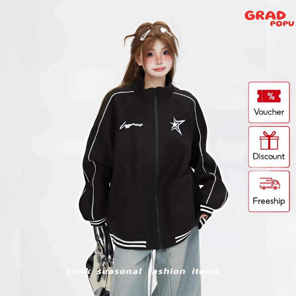Áo khoác bomber nữ GRADPOPU PAK31 cổ đứng kẻ sọc dáng rộng thể thao chất gió dày dặn giữ ấm tốt