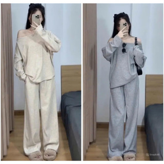 Set Áo Lệch Vai Kèm Quần Ống Suông, Set Trễ Vai Chất Tăm Lông Thỏ Mềm Mại
