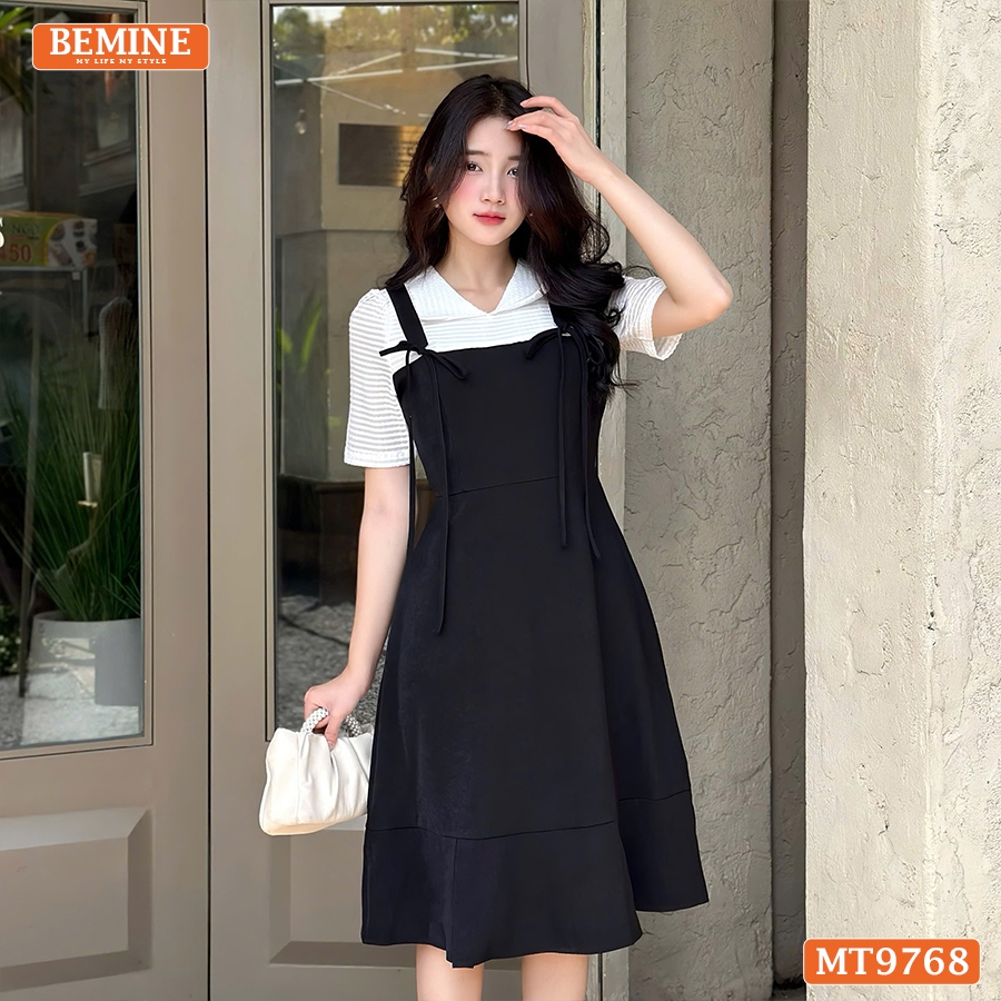 Ảnh Đầm thiết kế BEMINE cổ V dáng đuôi cá giả yếm có nơ phù hợp đi làm, đi dạo phố-MT9768 4