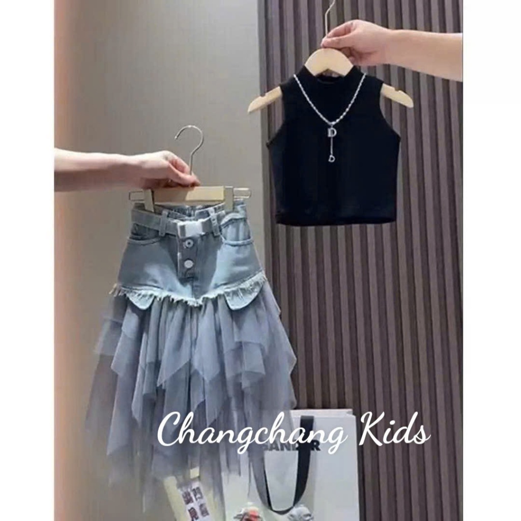 Sét bé gái áo cổ lọ chân váy jean phối ren lưới cho mẹ và bé gái 15-55kg