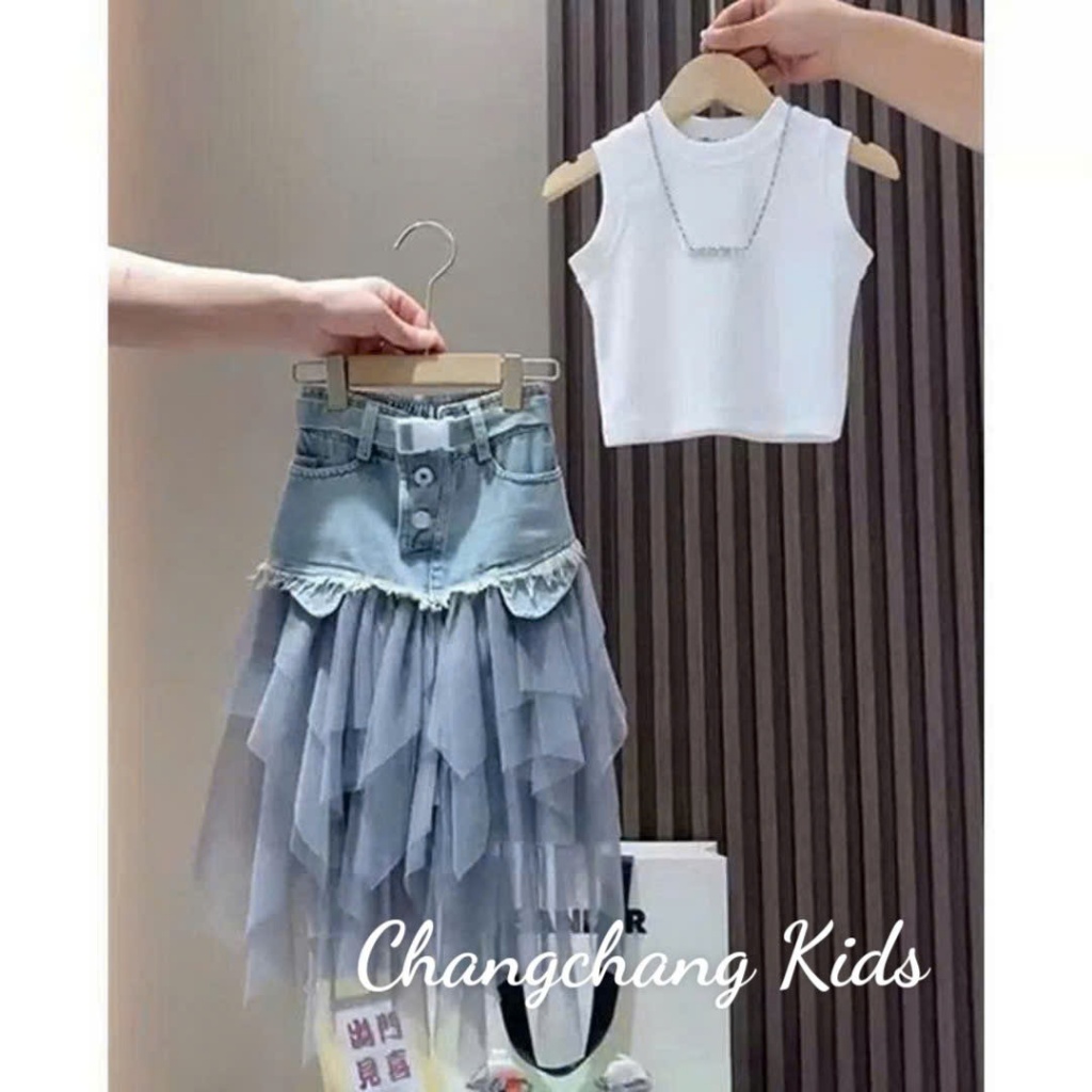 Sét bé gái áo cổ lọ chân váy jean phối ren lưới cho mẹ và bé gái 15-55kg