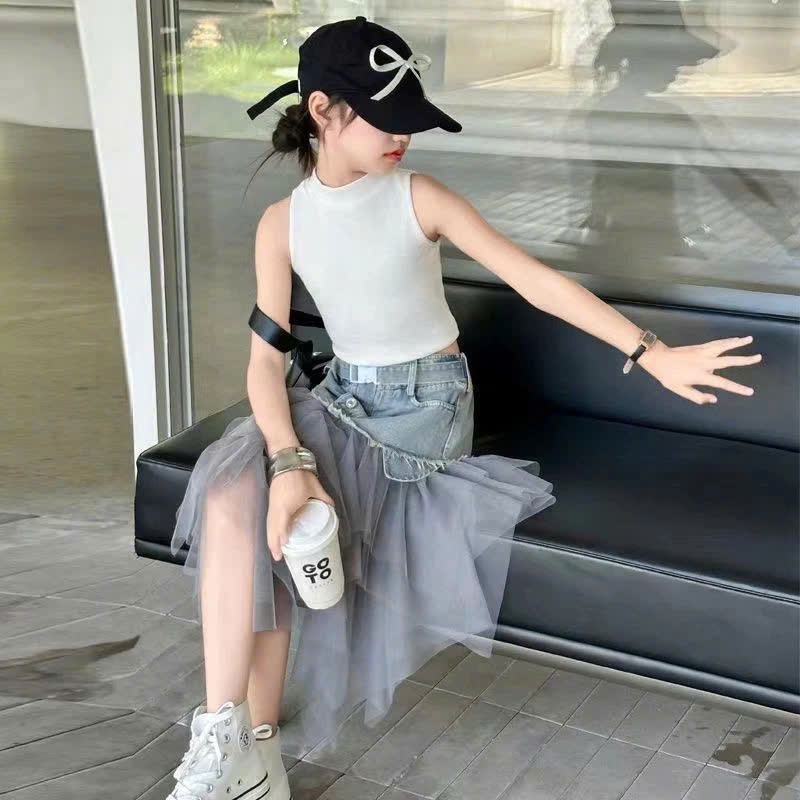 Sét bé gái áo cổ lọ chân váy jean phối ren lưới cho mẹ và bé gái 15-55kg