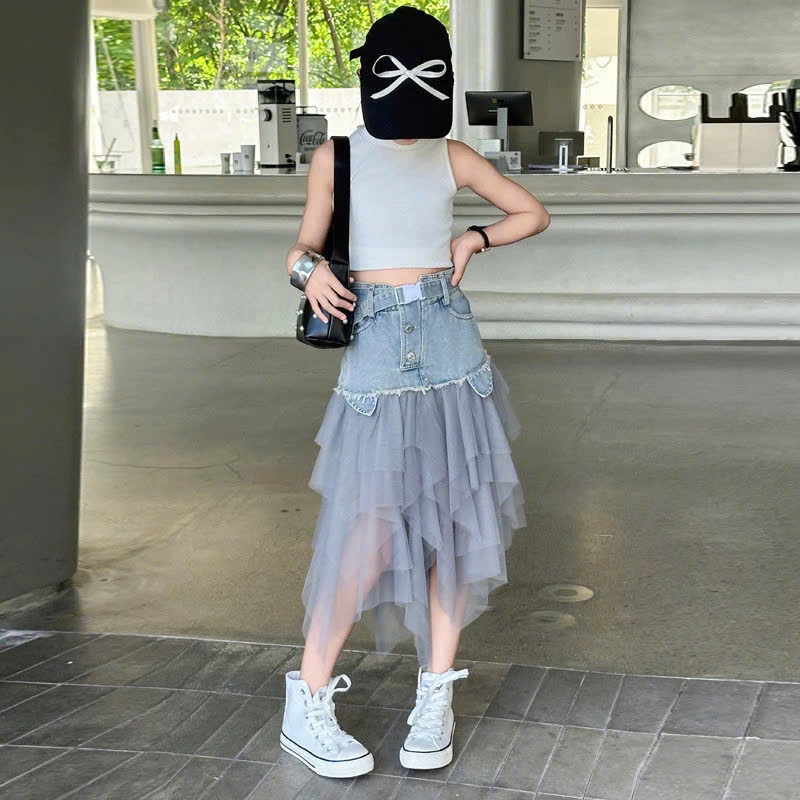 Sét bé gái áo cổ lọ chân váy jean phối ren lưới cho mẹ và bé gái 15-55kg