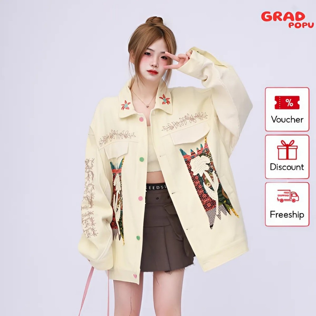Áo khoác jean nữ form rộng GRADPOPU PAK33 màu vàng kết hợp hoa văn nổi bật phong cách Retro