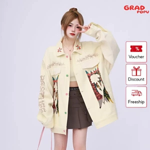 Áo khoác jean nữ form rộng GRADPOPU PAK33 màu vàng kết hợp hoa văn nổi bật phong cách Retro
