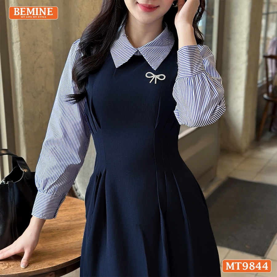 Ảnh Đầm thiết kế BEMINE cổ đức dáng dài xếp ly eo tay dài phối sơ mi kẻ phù hợp đi làm, đi chơi-MT9844 2
