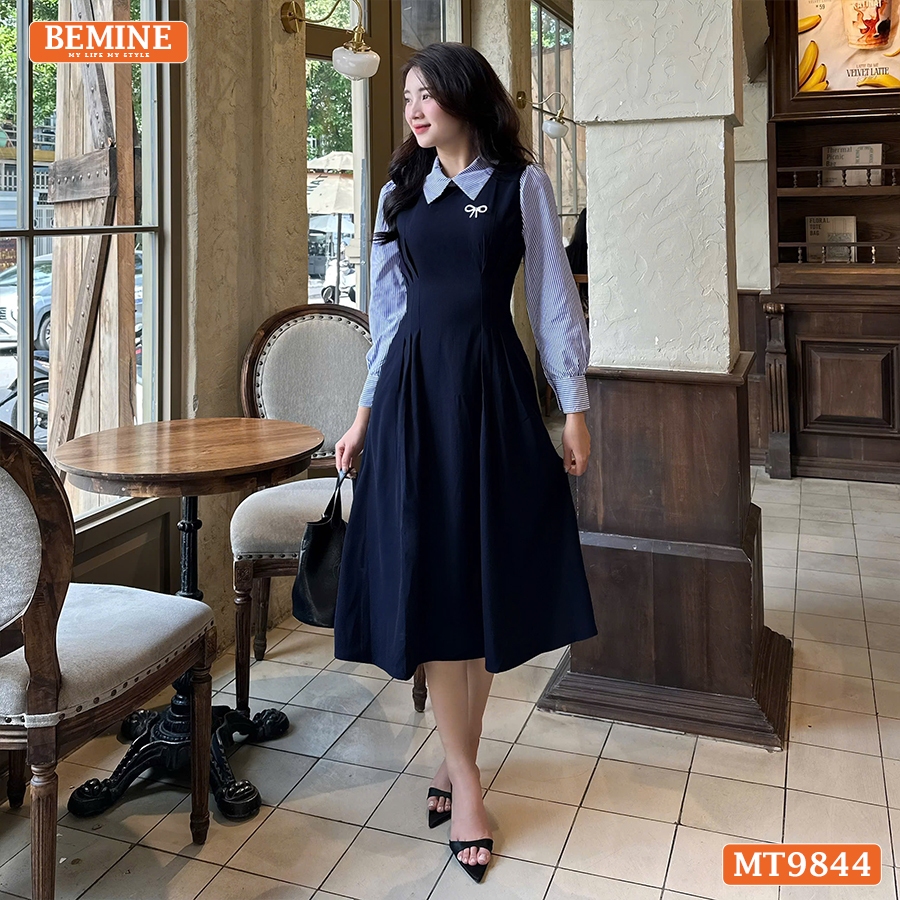 Ảnh Đầm thiết kế BEMINE cổ đức dáng dài xếp ly eo tay dài phối sơ mi kẻ phù hợp đi làm, đi chơi-MT9844 3
