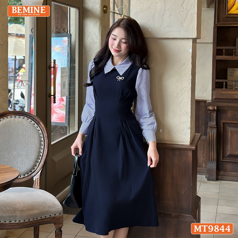 Ảnh Đầm thiết kế BEMINE cổ đức dáng dài xếp ly eo tay dài phối sơ mi kẻ phù hợp đi làm, đi chơi-MT9844 4