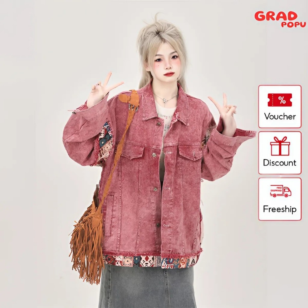 Áo khoác jean nữ form rộng GRADPOPU PAK35 thiết kế hoa văn Vintage nổi bật phong cách Retro