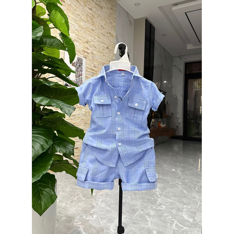 set sơmi thiết kế màu kẻ caro xanh đẹp Cho bé trai 10kg-52kg TONIBRAND