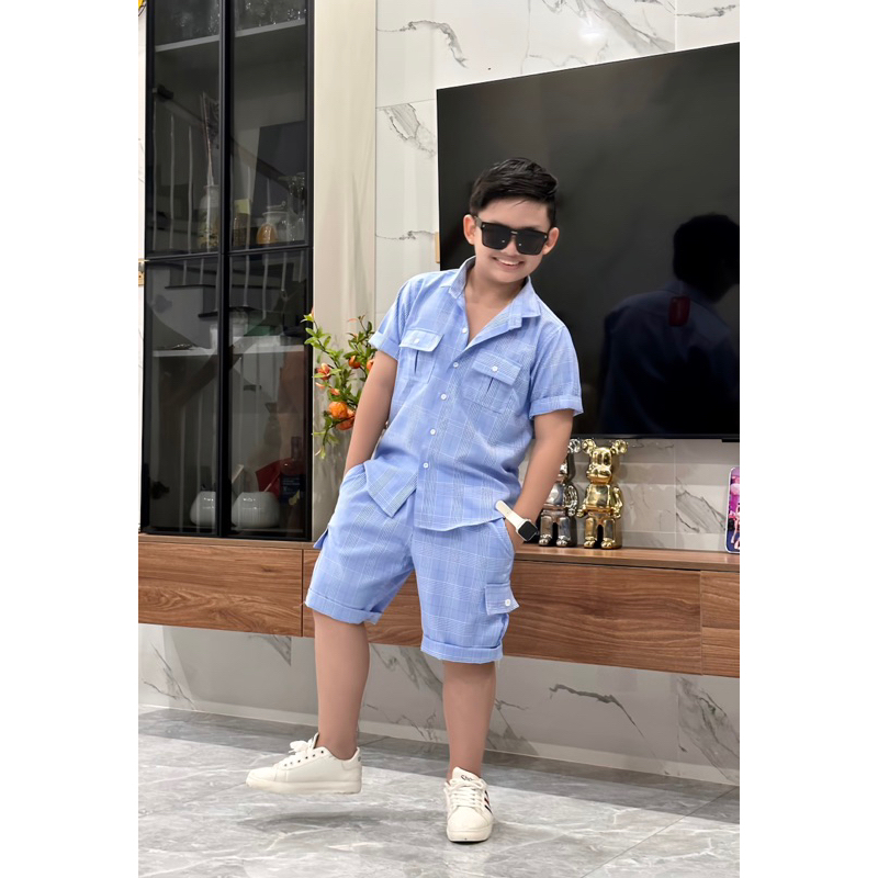 set sơmi thiết kế màu kẻ caro xanh đẹp Cho bé trai 10kg-52kg TONIBRAND