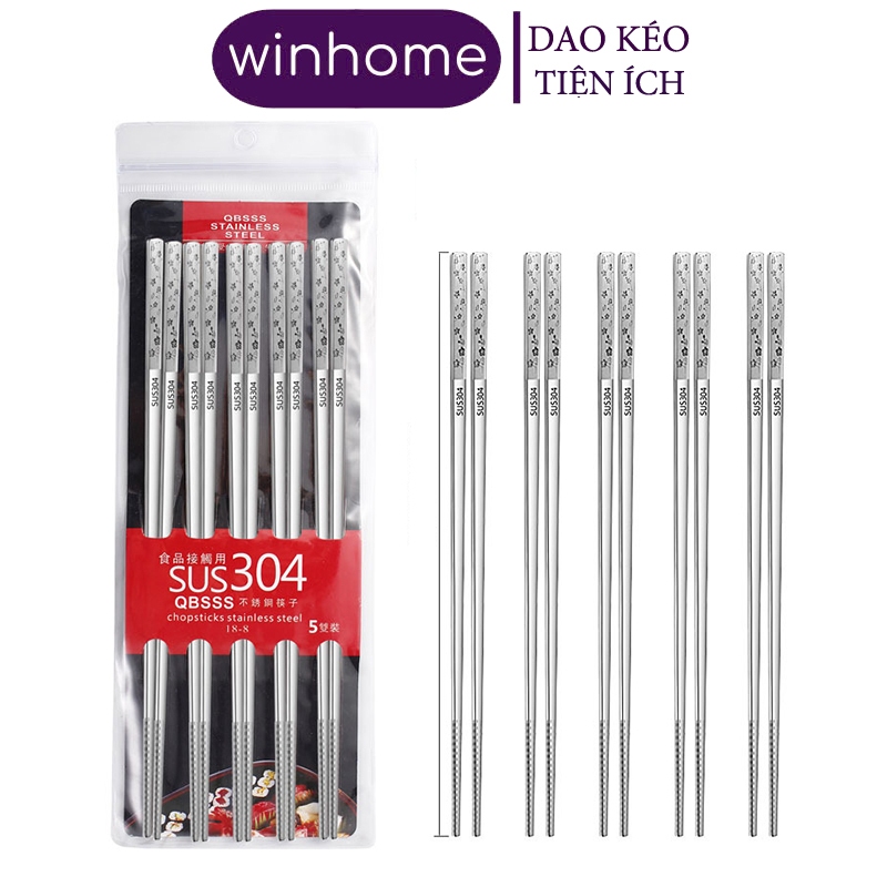 Đũa Inox Cao Cấp 304 Vilahome, Bộ 5 Đôi Đũa Inox Đầu Vuông Hoa Văn Nhám ...