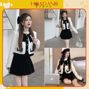 Set Áo dạ phối nơ nhung mix Chân váy phong cách Hàn quốc siêu xinh sẵn hàng kèm video