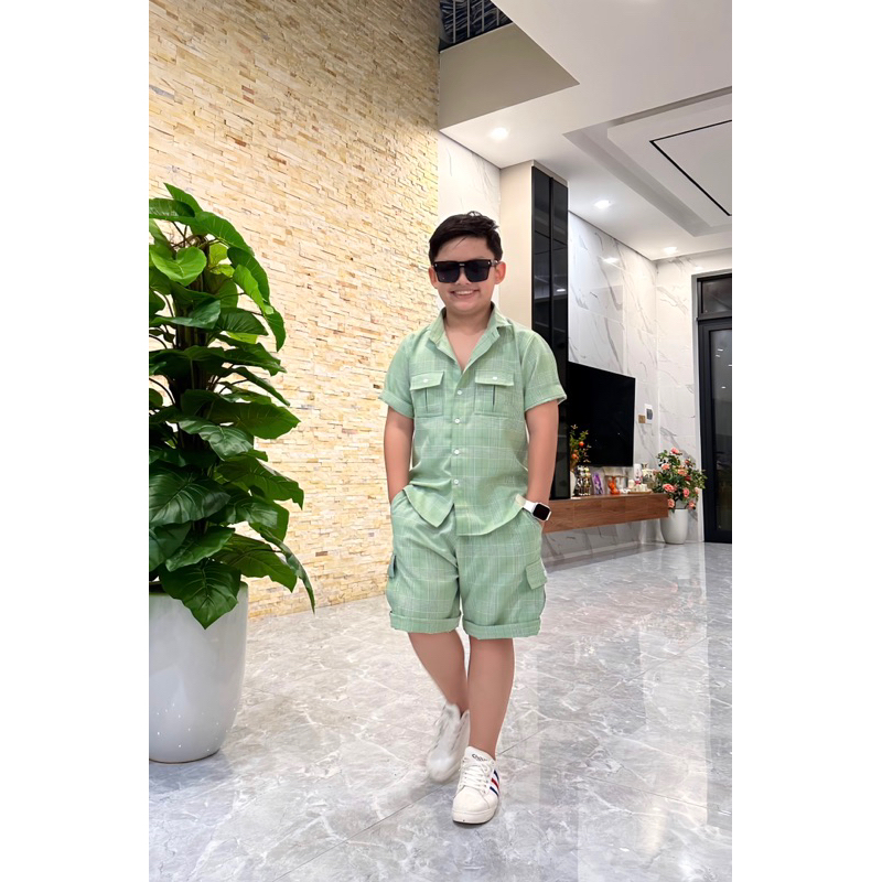 set sơmi thiết kế cao cấp kẻ caro phối xanh cho bé trai 10kg-52kg TONI BRAND