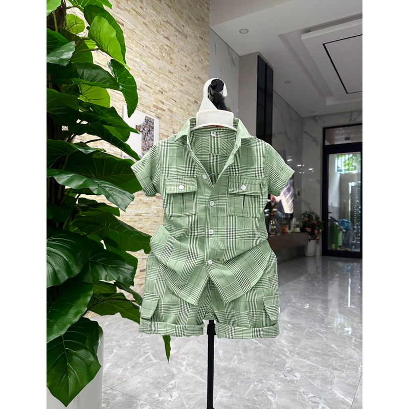 set sơmi thiết kế cao cấp kẻ caro phối xanh cho bé trai 10kg-52kg TONI BRAND