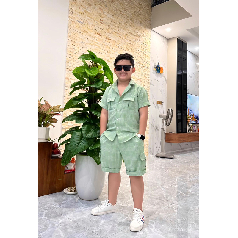 set sơmi thiết kế cao cấp kẻ caro phối xanh cho bé trai 10kg-52kg TONI BRAND