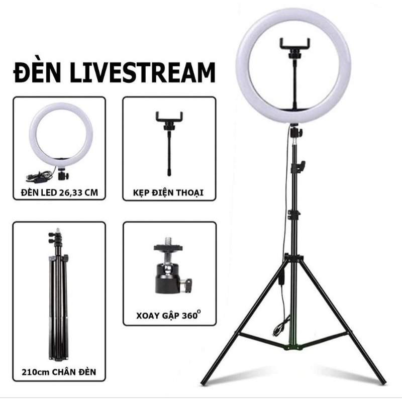 Đèn livestream size 26,33cm kèm theo (chân 2m1 )hỗ trợ chụp ảnh phát trực tiếp sắc nét.