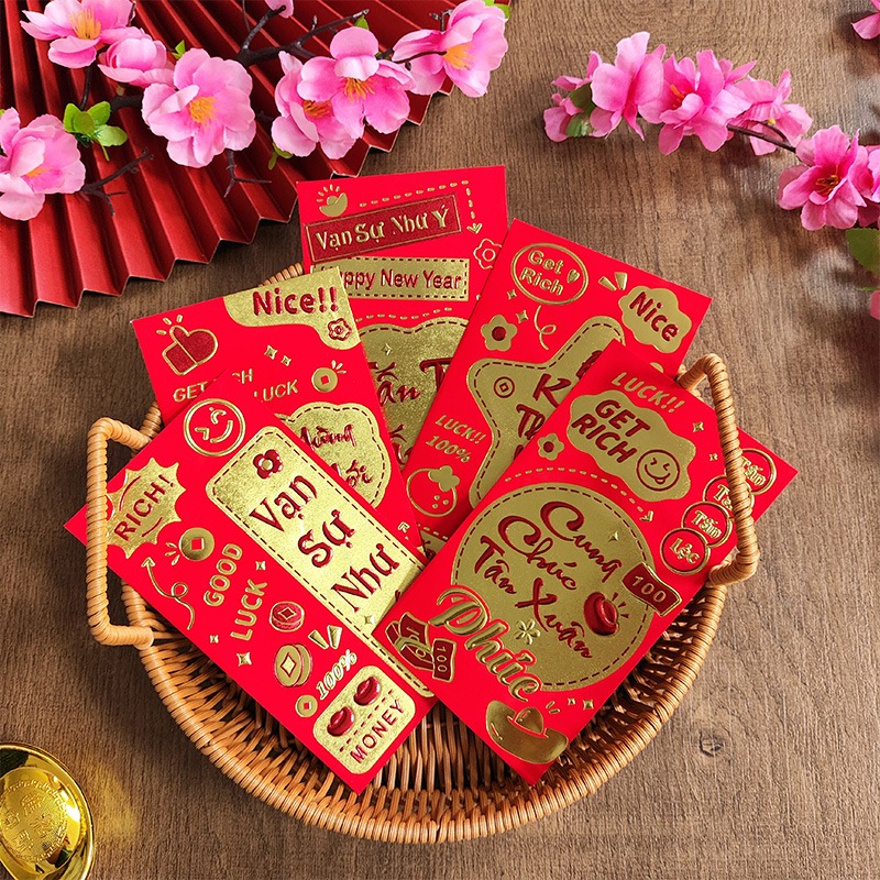 6 Bao Lì Xì Chữ Nổi 3D Phong Bao Lì Xì Nhung Đỏ Chữ Dập Nổi 3D Tết 2026 Bính Ngọ - PUPU HOUSE