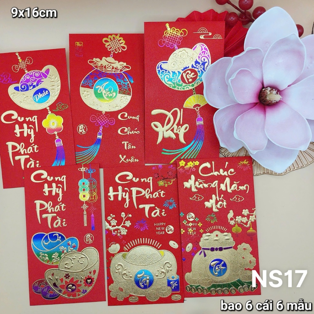 Sét 6 Bao Lì Xì Ngũ Sắc Giấy Siêu Đẹp Loại To 6 Bao lì xì tết Chữ Nổi Mạ Vàng Xuân Bính Ngọ 2026-PUPU HOUSE