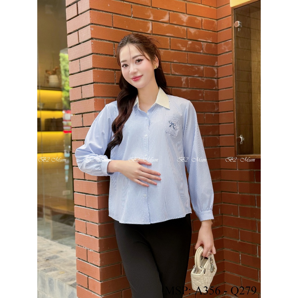 Áo Sơ Mi Kẻ Bầu - Kiểu Dáng Xinh Xắn Dành Cho Mẹ Bầu A356 Mix cùng Quần Baggy u mì Q279 Thiết kế by B2MUM