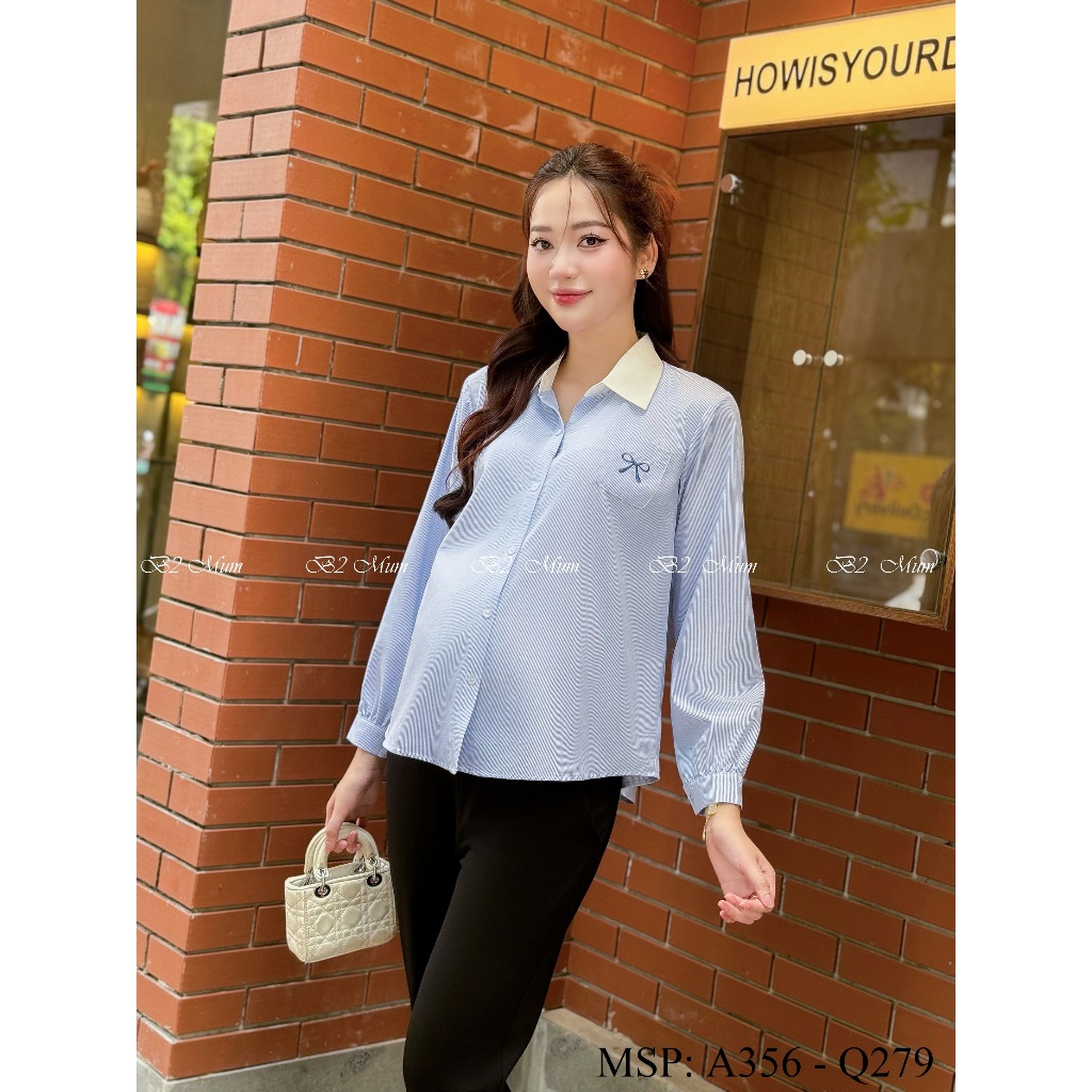 Áo Sơ Mi Kẻ Bầu - Kiểu Dáng Xinh Xắn Dành Cho Mẹ Bầu A356 Mix cùng Quần Baggy u mì Q279 Thiết kế by B2MUM