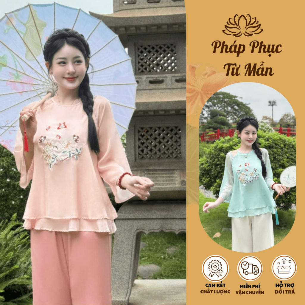Bộ đi chùa Yếm voan tơ 2 lớp thêu họa tiết bướm hoa Pháp phục lễ chùa nữ tiểu thử dáng xuông Set yếm đi chùa voan mềm