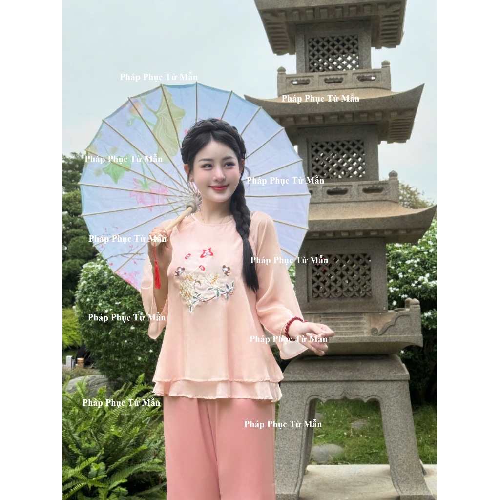 Bộ đi chùa Yếm voan tơ 2 lớp thêu họa tiết bướm hoa Pháp phục lễ chùa nữ tiểu thử dáng xuông Set yếm đi chùa voan mềm