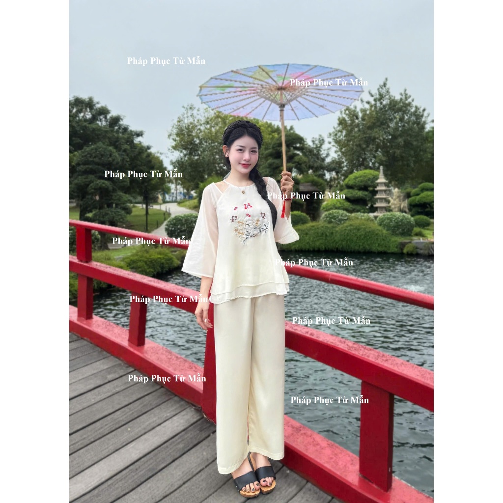 Bộ đi chùa Yếm voan tơ 2 lớp thêu họa tiết bướm hoa Pháp phục lễ chùa nữ tiểu thử dáng xuông Set yếm đi chùa voan mềm