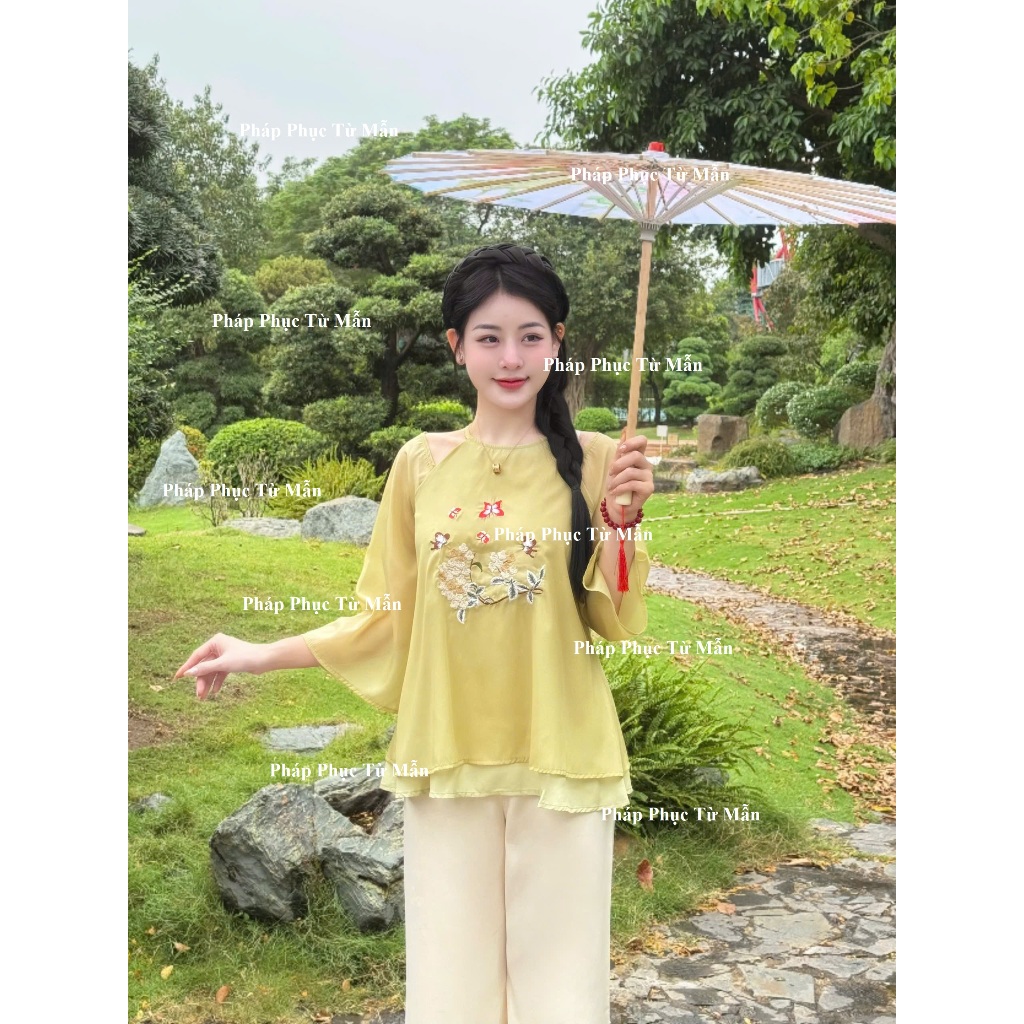 Bộ đi chùa Yếm voan tơ 2 lớp thêu họa tiết bướm hoa Pháp phục lễ chùa nữ tiểu thử dáng xuông Set yếm đi chùa voan mềm