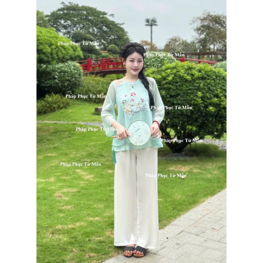 Bộ đi chùa Yếm voan tơ 2 lớp thêu họa tiết bướm hoa Pháp phục lễ chùa nữ tiểu thử dáng xuông Set yếm đi chùa voan mềm
