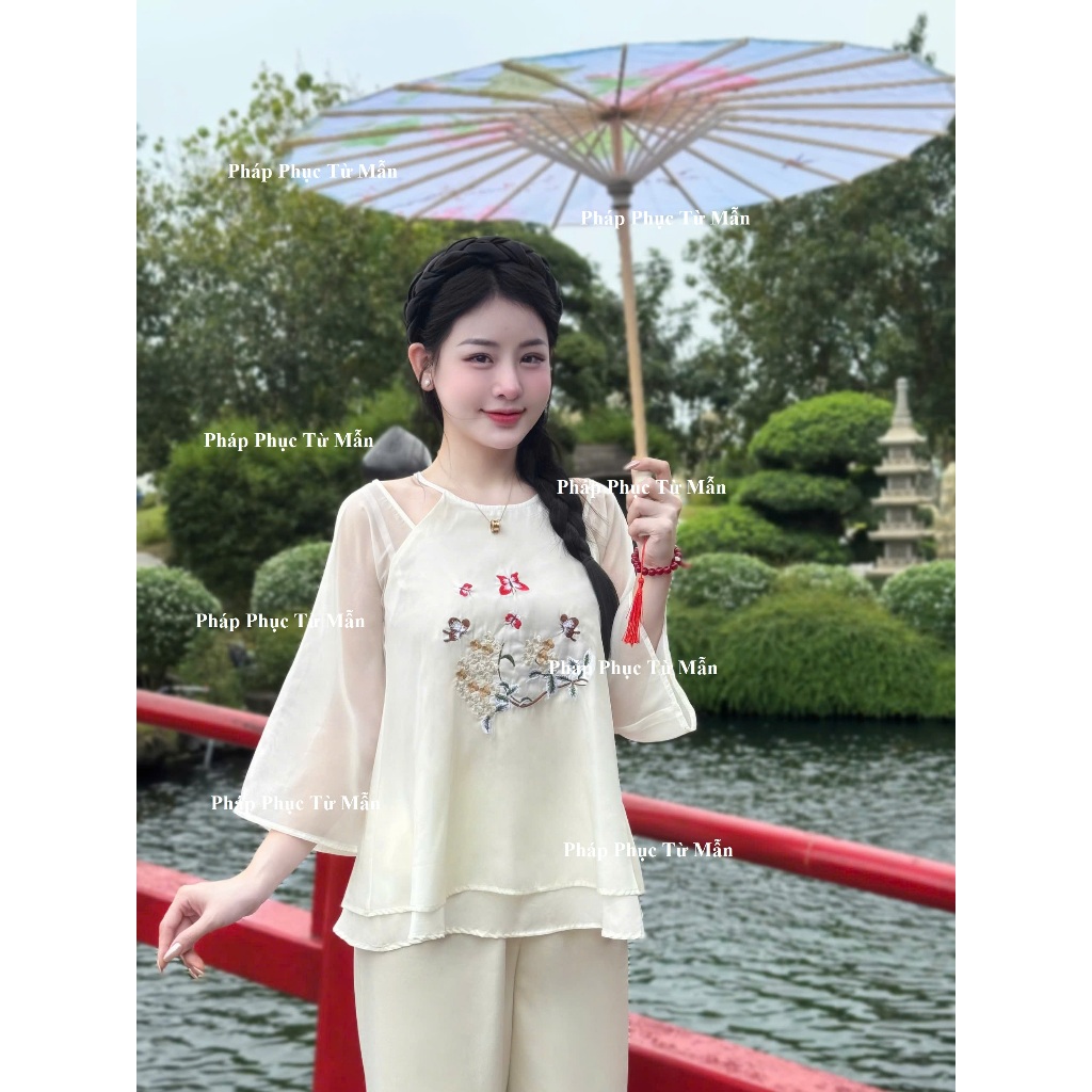 Bộ đi chùa Yếm voan tơ 2 lớp thêu họa tiết bướm hoa Pháp phục lễ chùa nữ tiểu thử dáng xuông Set yếm đi chùa voan mềm
