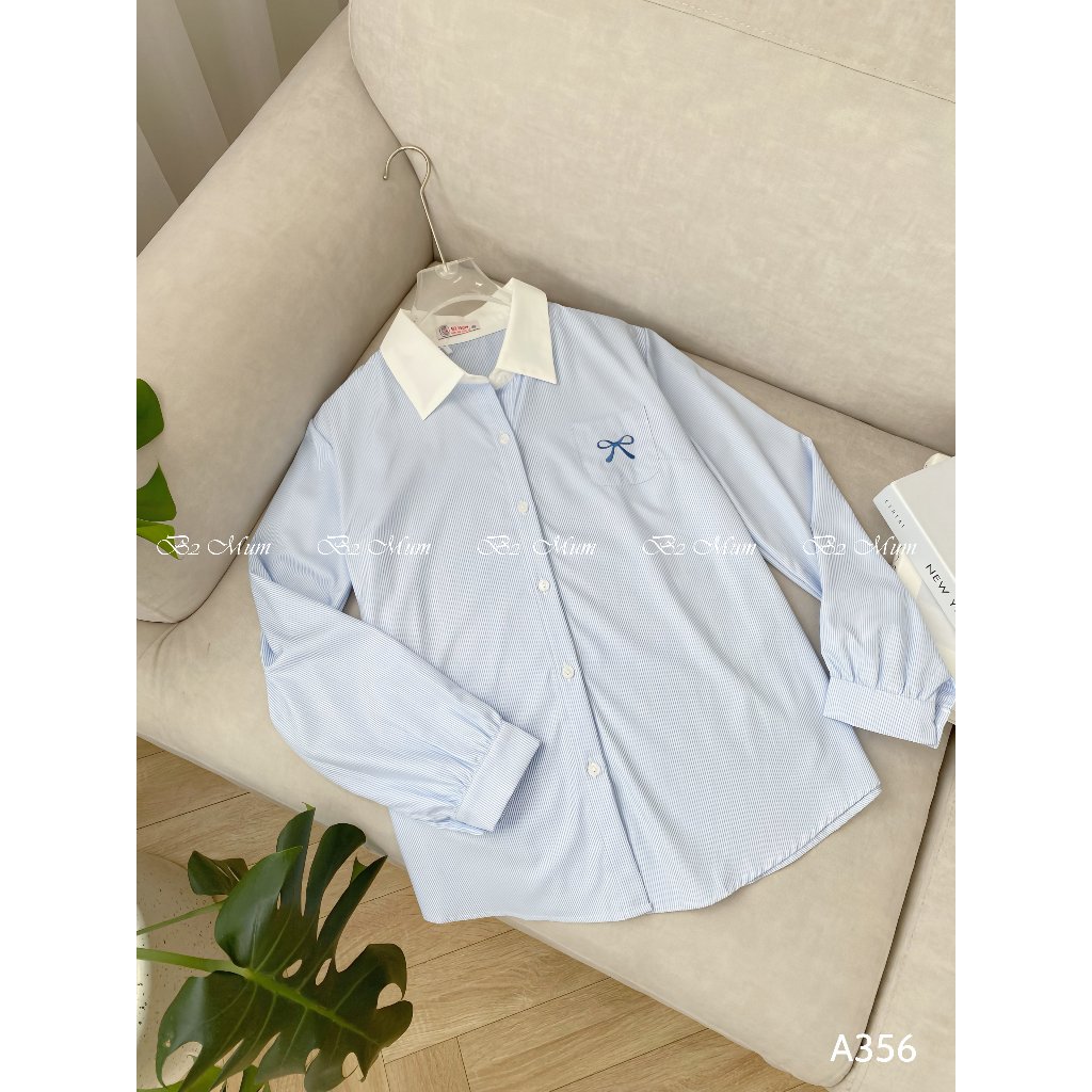 Áo Sơ Mi Kẻ Bầu - Kiểu Dáng Xinh Xắn Dành Cho Mẹ Bầu A356 Mix cùng Quần Baggy u mì Q279 Thiết kế by B2MUM