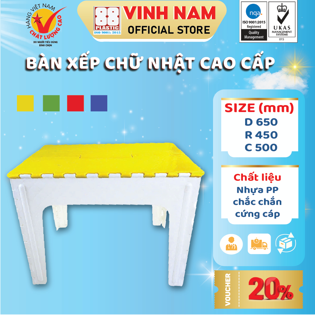 Bàn Chữ Nhật Gấp Gọn Cao Cấp Vinh Nam Plastic (65 x 45 x 50 cm) Nhựa PP Cứng Cáp Bàn Nhựa Xếp Gọn