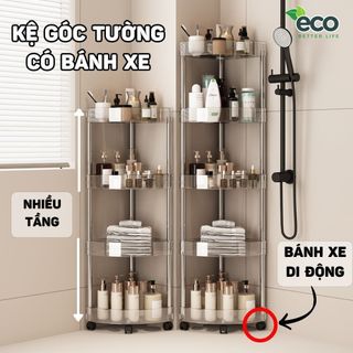 Kệ Góc Tường Trong Suốt Để Đồ Nhà Tắm Có Bánh Xe Linh Hoạt, Giá Để Đồ Nhà Vệ Sinh Có Khe Thoát Nước