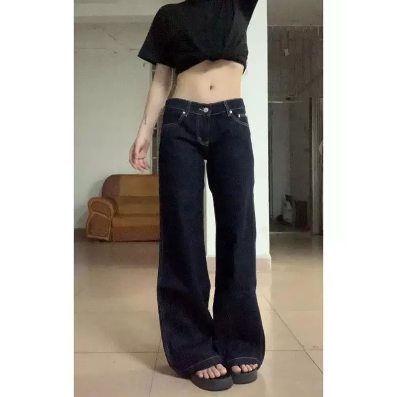 Quần jean cạp trễ ống suông màu xanh đen trơn cơ bản dễ phối đồ QJCT003 - Tiktik