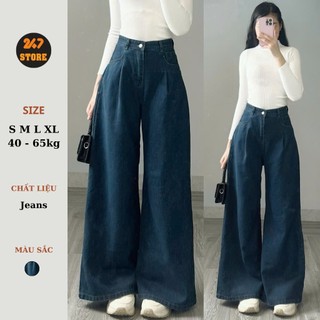 247Store - Quần Jean ly gấu mác da ống rộng dáng suông dài chất mềm mịn