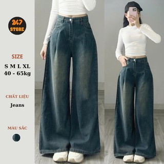 247Store - Quần Jean ly gấu mác da ống rộng dáng suông dài chất mềm mịn