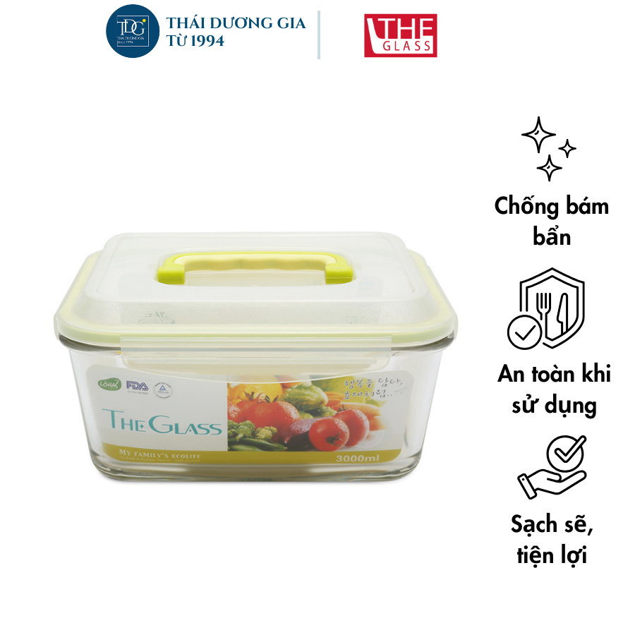 Hộp đựng thực phẩm chữ nhật có quai xách 1800ml Hàn Quốc The Glass - P748