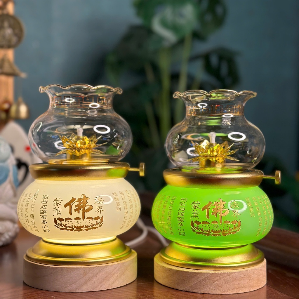 Ảnh Đèn Dầu Tâm Kinh Chữ Phật, Bình Ngọc Cao 15 - 19cm, Màu Trắng, Xanh, Vàng, Tặng Đèn Chiếu Sáng - Tuệ Nga 2