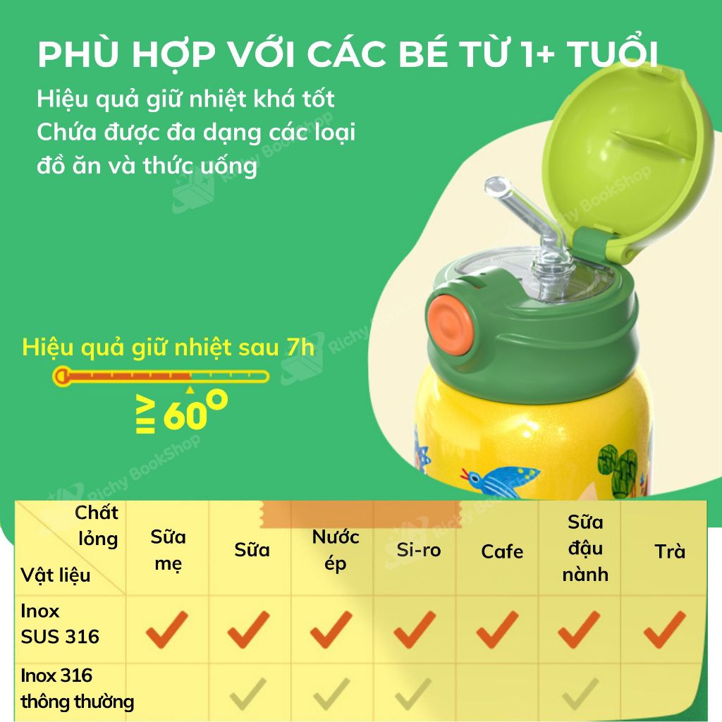 Bình giữ nhiệt cho bé Mideer Vacuum Insulated Bottle, Bình nước giữ nhiệt 450ml có túi đựng