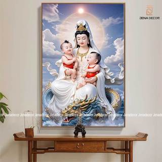 Tranh Phật Quan Âm Bồ Tát tráng gương dán viền siêu bóng treo tường, phòng khách, phòng ngủ