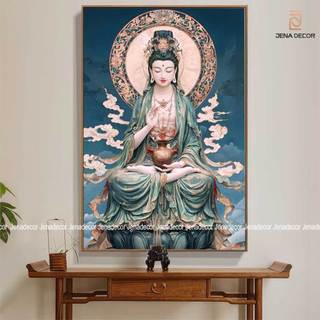 Tranh Phật Quan Âm Bồ Tát tráng gương dán viền siêu bóng treo tường, phòng khách, phòng ngủ