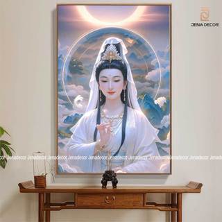 Tranh Phật Quan Âm Bồ Tát tráng gương dán viền siêu bóng treo tường, phòng khách, phòng ngủ