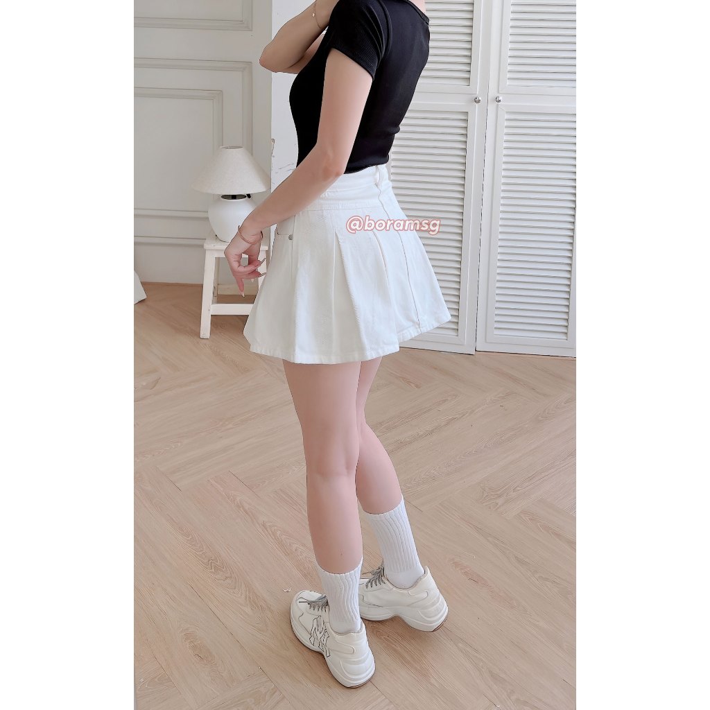 Chân váy jean kaki nữ, chân váy nữ xòe xếp ly BORAM SG
