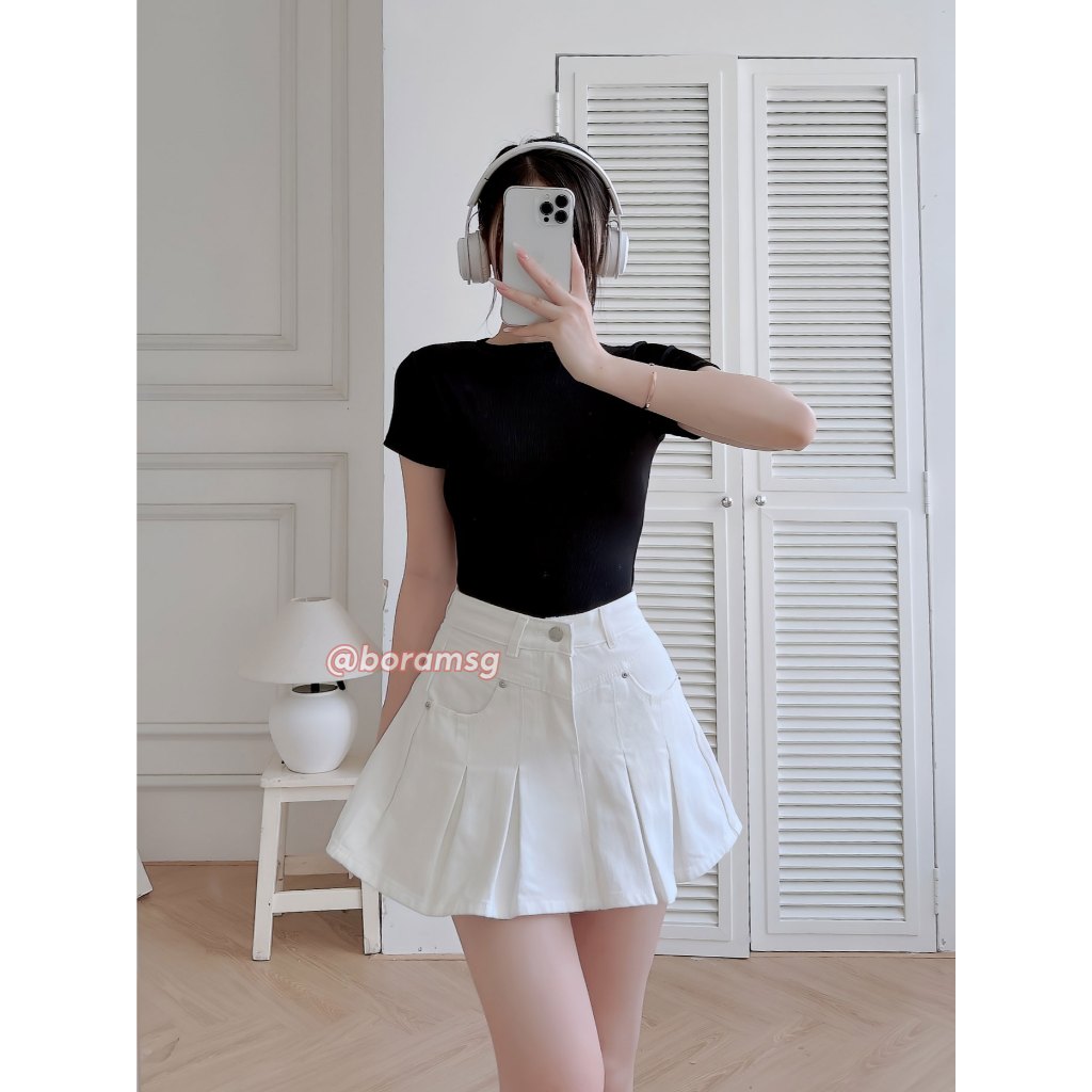 Chân váy jean kaki nữ, chân váy nữ xòe xếp ly BORAM SG