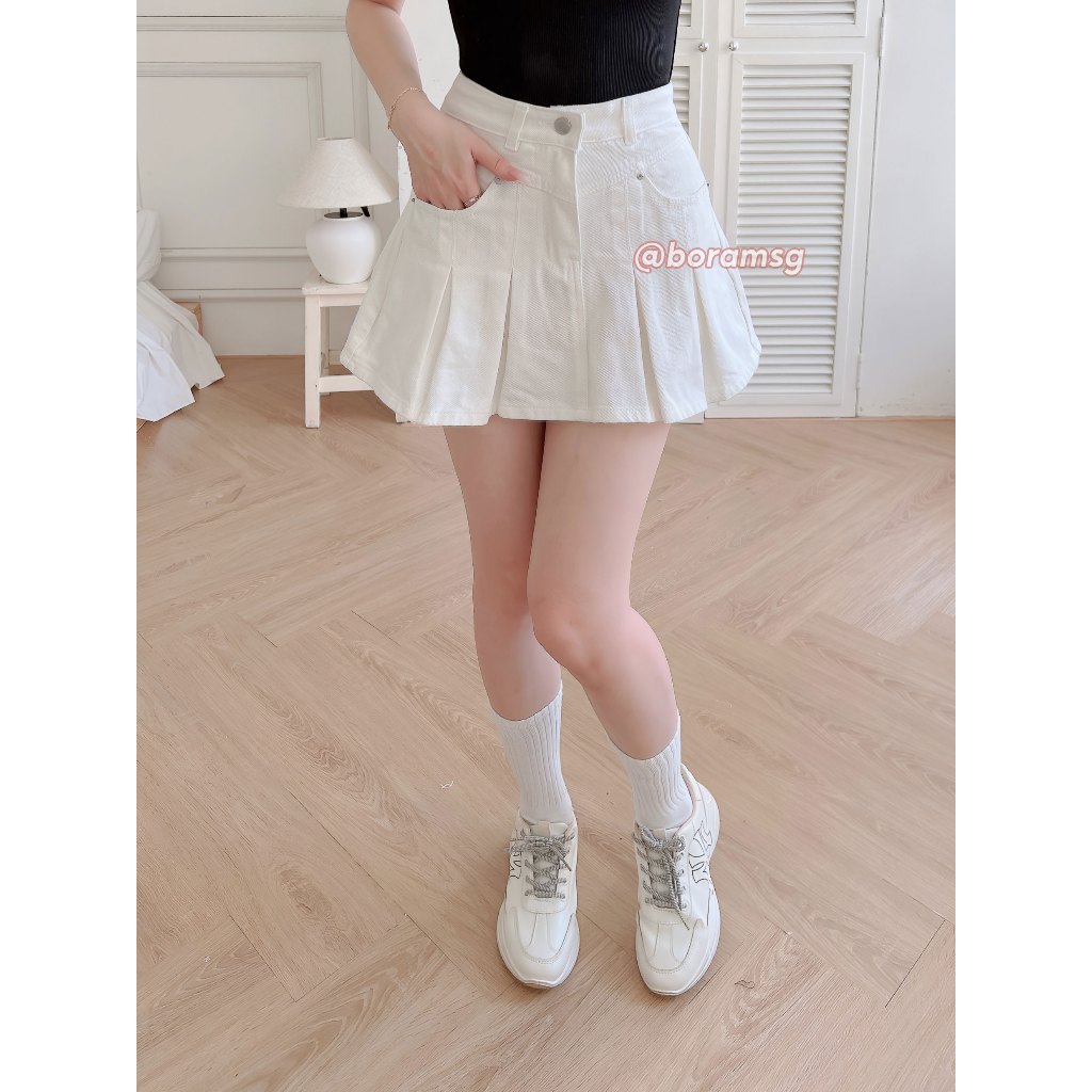Chân váy jean kaki nữ, chân váy nữ xòe xếp ly BORAM SG
