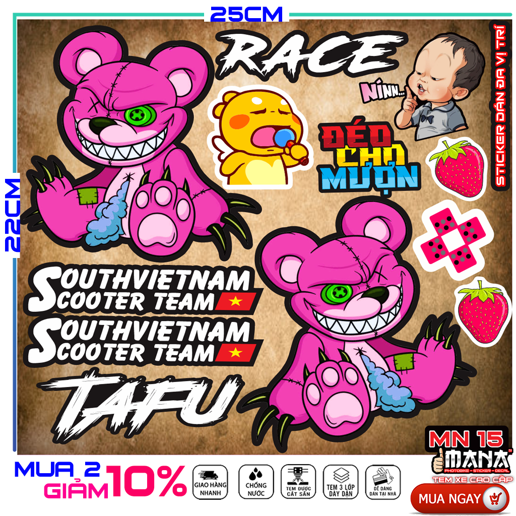 Tem sticker dán gấu quỷ bạo lực, Sticker dán đa vị trí dán xe, dán điện ...